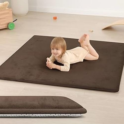 Baby Play Mat for Floor,1.3" Thick Elasti-Foam 50"×50" Playpen Mat for Tummy Time,Water Repellent Soft Coral Velvet for Toddler,Infant,Kids,Non-Slip Backing Safe for Crawling(Dark Brown)