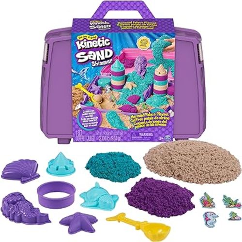 Kinetic Sand, Mermaid Palace Playset with 2.06lbs Play Sand (Neon Purple, Shimmer Teal & Beach), Tools & Folding Sandbox, Sensory Toys for Kids