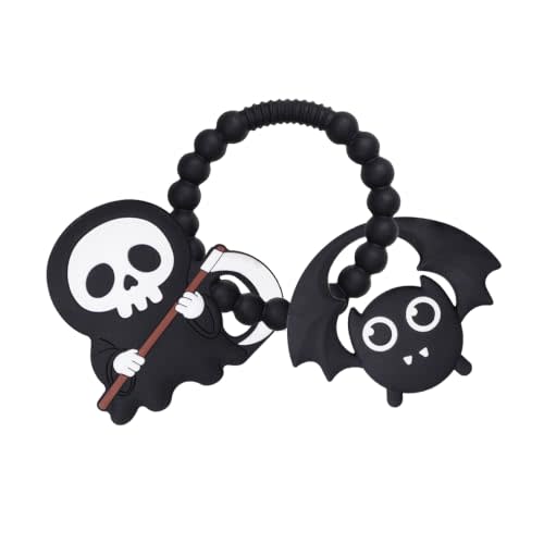 Baby Silicone Skeleton Death and Bat Teether Ring Toy,BPA Free | Gothic & Halloween Style,Teething Chew Toys for 0-6,6-18 Months Boys and Girls,Newborns Essentials,Safe and Soft