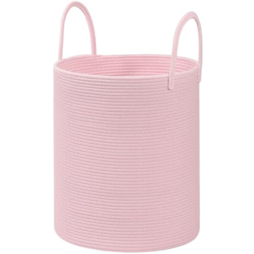 HOBASKET Cotton Rope Laundry Basket Hamper for Girls Kids Baby Nursery Hamper Bin Woven Blanket Basket for Living Room cute baby laundry basket Storage Basket for Nursery Toy Storage Bin&Box(Pink)