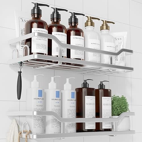 Kitsure Extra Large Stainless Steel Shower Caddy, Adhesive, 2 Pack, Silver
