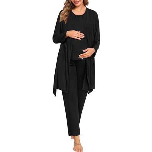 SWOMOG 3pcs Maternity Nursing Robe Set Labor Delivery Double Layer Pajamas Set Postpartum Breastfeeding PJS, S-XXL