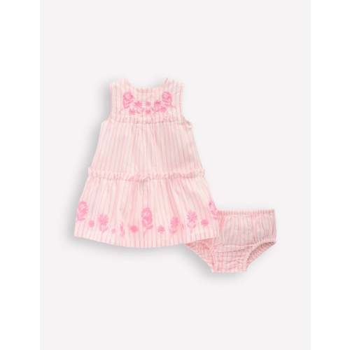 Tiered Ruffle Dress-Pink Embroidered Stripe