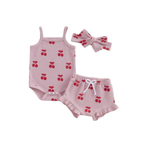 Baby Girls Shorts Outfits Newborn Summer Clothes Sleeveless Cherry Print Romper Drawstring Shorts Headband Sets