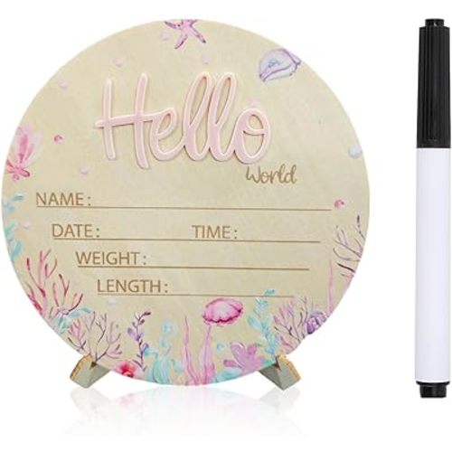 Baby Announcement Sign, 5.9 Inch Wooden Hello World Newborn Sign,Welcome Baby Signs,Birth Announcement Signs,Newborn Name Personalized for Photo Prop Ocean Theme Design Hospital Nursery