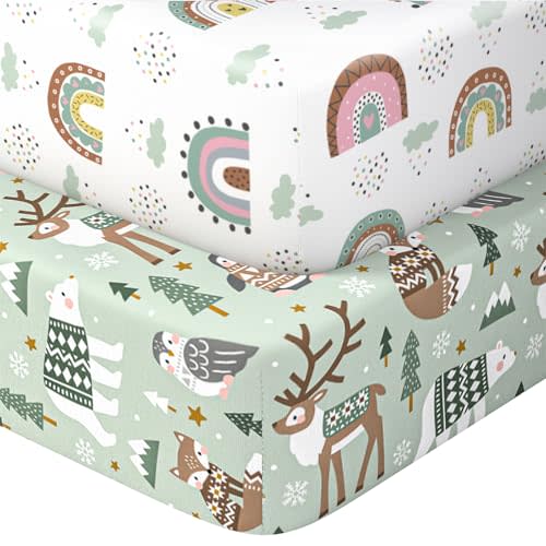 Pack N Play Sheets Fitted, 2-Pack Fit for Standard Pack N Play Mattress, Mini Crib Sheets,Breathable Soft Unisex Playard Sheets (Polar Bear & Green Rainbow)