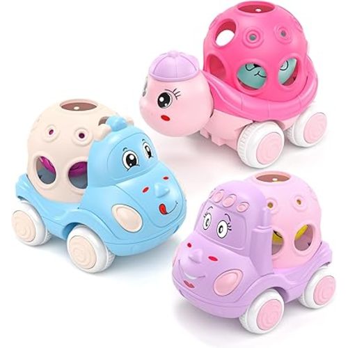 Baby Girl Toy Cars for Toddlers 1-3, Push and Go Rattle Cars for Baby Toy 6-9-12-18 Months, First Birthday Easter Gifts for 1 2 Year Old Girls, Infant Pink Friction Truck Set