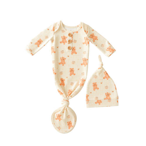 Newborn Baby Knot Gown & Hat Set in Honey Bear | Caden Lane