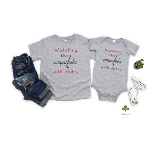 Watching the Game with Daddy Heather Gray Unisex Hockey Baby Game Day Bodysuit/Toddler T-Shirt, Sports Fan Gender Reveal Gift Idea