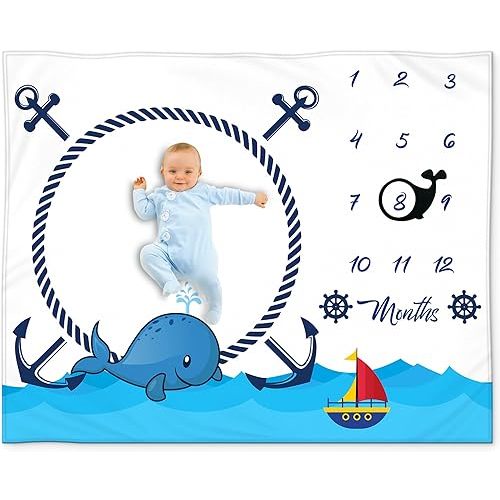 Nautical Baby Milestone Blanket – Monthly Whale and Anchor Growth Blanket – Soft Fleece Ocean Theme Baby Photo Prop – Perfect and Nursery Décor, 50x40 Inches