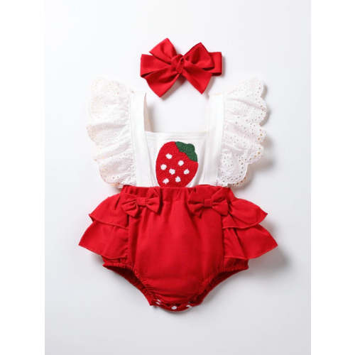 2 Pcs Infant Baby Girl Red Strawberry Lace Ruffle Bodysuit