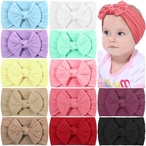 Alinmo 12PCS Baby Nylon Headbands Hairbands Hair Bow Elastics for Baby Girls Newborn Infant Toddlers Kids