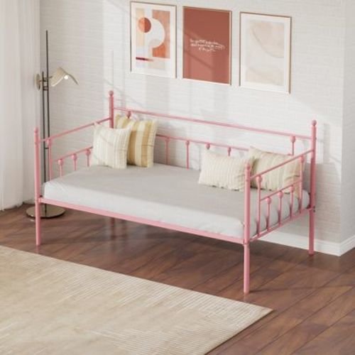 VECELO Twin Size Daybed Frame Metal Platform Bed Frame Heavy Duty Steel Slat Support Sofa Bed Pink