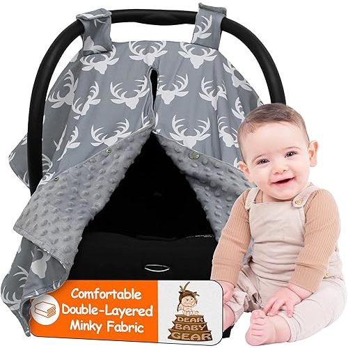 Dear Baby Gear - 40x30 Car Seat Canopy, Infant Carrier Cover for Boys & Girls, Cozy Fall, Nursing & Stroller Use, Newborn Travel Sunshade Accessory, Antlers on Gray, Gray Dot