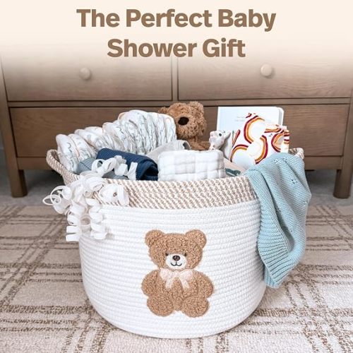 Teddy Bear Baby Storage Basket, Woven Cotton Rope Nursery Bin, 15x11 in | Stuffed Animal and Blanket Storage, Embroidered Bear Patch, Gender Neutral Nursery Decor, Shower Gift, Playroom Organizer