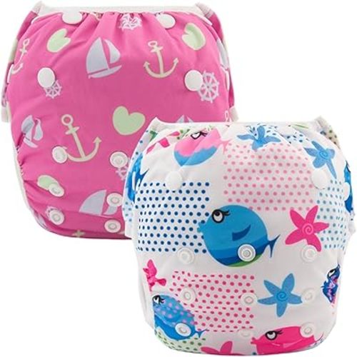 ALVABABY Swim Diaper Large Size Baby Swim Diapers 2pcs Reusable Washable Adjustable for Swimming Lesson Baby Toddler Girls 0-3T Fish Sailboat ZSW09-10-DA