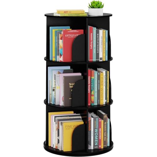 SpaceAid 3 Tier Rotating Bookshelf Tower, Spinning Bookcase Lazy Susan, Revolving 360 Book Shelf Storage Round Carousel, Vertical Rotate Turning Spiral Corner Organizer, Black