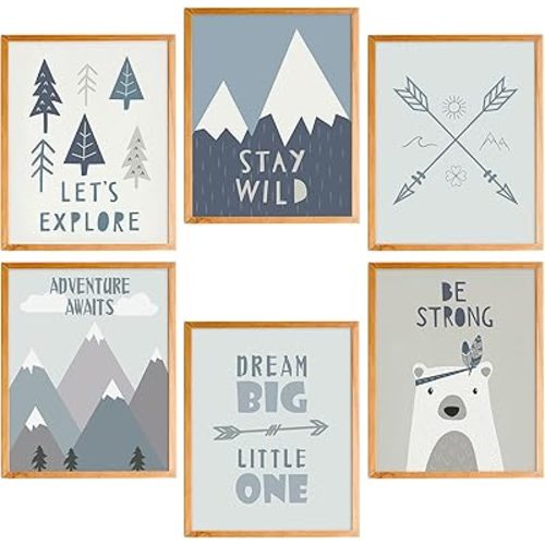 BearCake Inspirational Adventure Awaits Nursery Wall Art Set of 6, Woodland Mountain Nursery Wall Decor Poster Prints for Baby Toddler Boy Room, Adventure Baby Shower Decorations, 8x10 Inches