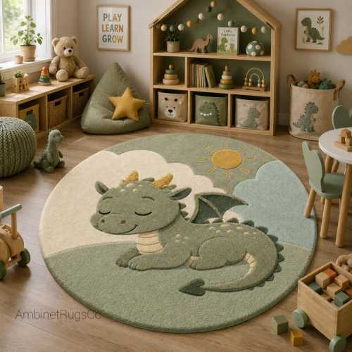 Hand Tufted Wool Dragon Rug, Fantasy Nursery Carpet, Sage Green Clouds Round Playroom Decor