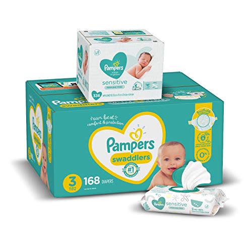 Diapers Size 3, 168 Count and Baby Wipes - Pampers Swaddlers Disposable Baby Diapers and Water Baby Wipes Sensitive Pop-Top Packs, 336 Count (Packaging May Vary)