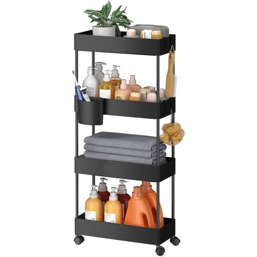 Pipishell Slim Storage Cart with Wheels - Bathroom Cart Organizer Storage, 4 Tier Rolling Carts for Bathroom, Laundry Room, Kitchen, Narrow Space, Black PIUC05
