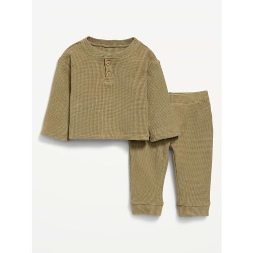 Long-Sleeve Waffle-Knit Henley Top and Pants Set for Baby