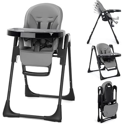 Kinder King Convertible High Chair for Babies & Toddlers, Adjustable Baby Feeding High Chair with Removable Double Tray, Simple Compact Fold for Space-Saving, 2 Built-in Wheels, Easy to Clean, Gray