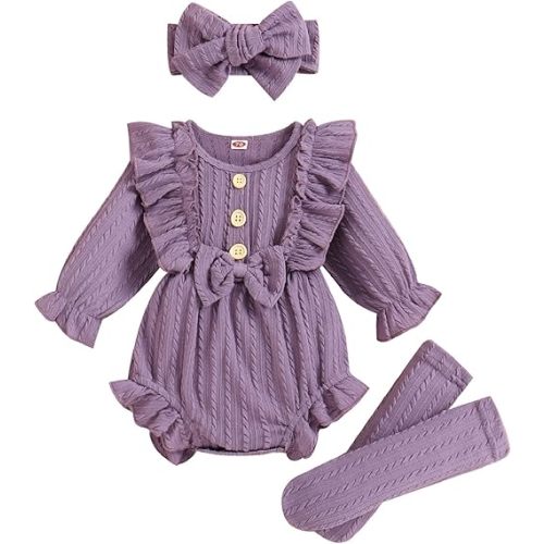 GRNSHTS Newborn Baby Girl Clothes Ruffle Solid Sweater Long Sleeve Romper+Hairband+Socks 3Pcs Fall Winter Outfits