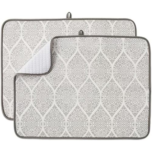 FRESHMINT Printed Dish Drying Mats for Kitchen Counter 2 Pack Absorbent Reversible Drying Mats Microfiber Kitchen Countertop Protector Dishes Drying Pad Extra Large 18"x24" Dish Mat