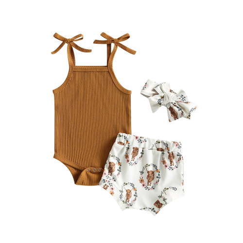 Western Newborn Baby Girl Clothes Infant Sleeveless Knit Solid Romper Cow Print Shorts Headband Set Summer Outfit