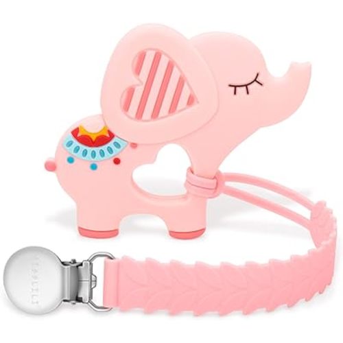 Teething Toys for Babies 0-6 6-12 Months Baby Teethers with Clip Silicone Baby Teether Toys for Boys and Girls Infant Teething Relief for Teething Elephant Shape, Pink