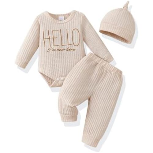 Renotemy Newborn Baby Boy Fall Clothes, Long Sleeve Letter Printed Rompers Plaid Pants Hat Outfits Clothing Set 0-18 Months