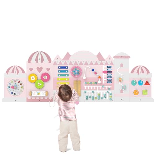 Costzon Activity Wall Busy Board, 11-in-1 Montessori Wooden Sensory Board Panels for Boy & Girl 3+, Wall-Mounted Toddler Learning Activity Center, Ideal Furniture for Playroom, Daycare, Nursery (Pink)