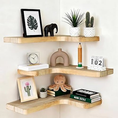 Floating Corner Shelves, Wall Shelf Set of 3, Shelves for Wall Storage, Solid Wood Shelves for Storage, Wall Mount Wooden Display Shelf for Bathroom Bedroom Kitchen Garage (Light 3Pcs)