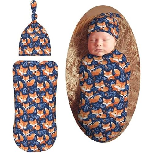 Cute Baby Foxes Newborn Swaddle Blankets Hat Sets Soft Baby Receiving Blanket Swaddle Sack for Baby Shower Infant Boy Girl Gift