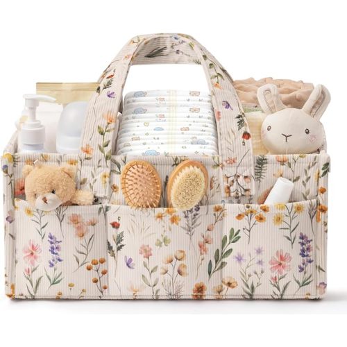 Corduroy Baby Diaper Caddy Organizer with Handles, Nursery Storage Basket