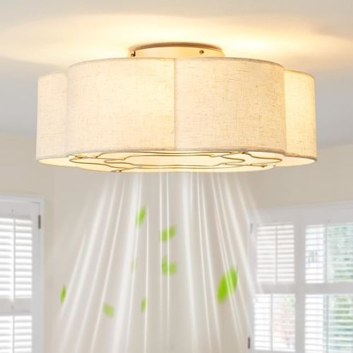 20" Boho Ceiling Fan with Lights Flush Mount, Low Profile Ceiling Fans with Lights Remote Control, Fabric with 6 Speeds for Nursery, Bedroom, Kitchen, Beige