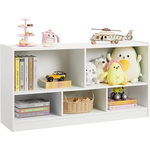 Kids Toy Storage Organizer, 5-Section Storage Cabinet for Organizing Books Toys, Wooden Bookshelf Daycare Furniture for School, Classroom Playroom, Nursery, Kindergarten (White)