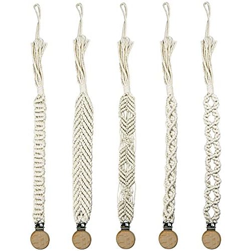 AELS 11.8" Macrame Baby Pacifier Clip, Set of 5, Natural Teething Holder Teething Clips for Boys Girls Infant Baby, Boho Style Handmade Cotton Rope