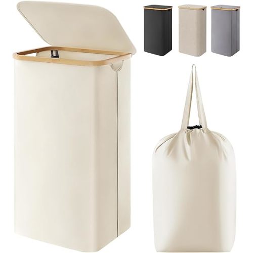 Lifewit 100L Laundry Basket with Lid, Clothes Hampers for Laundry with Bamboo Handles and A Removable Bag, Large Foldable Laundry Hamper for Bedroom, Bathroom, Dorm, Laundry Room, White