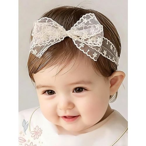 Baby Girls Bow Lace Headband Cute Soft Hairband White Butterfly Knot Headbands for Newborn Infants Toddlers Kids Christening Baptism Birthday Party Hair Accessories（Beige）