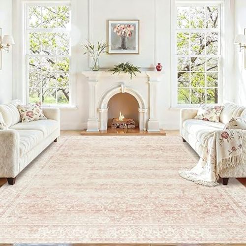 Pink Washable 9x12 Area Rugs Living Room Soft Boho Floral Big Rug