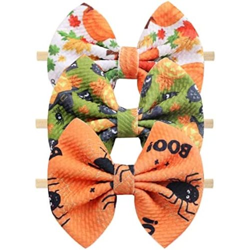 Halloween Baby Headband Cheer Bow, Baby Girl Orange Pumpkin Hair Bow Ghost Printed Elastic Nylon Halloween Hairbands for Baby Girls Newborn and Infant, 3 Pcs (Type A)