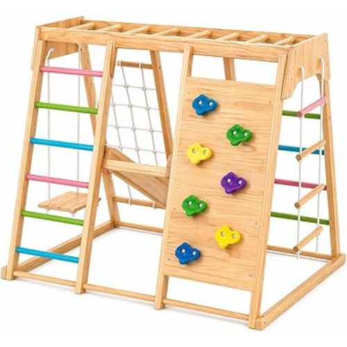 Avenlur Premium Wooden Indoor Climbing Gym for Kids – Montessori Playset with Climbing Wall, Ladder, Rope Net & Swing – Solid Natural Wood Toddler Playground, Ages 1–6