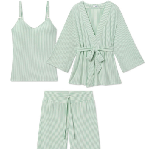 LAKE | Women | DreamModal™ Pajamas | Parisian Green Pencil Stripe Maternity Kimono Bundle