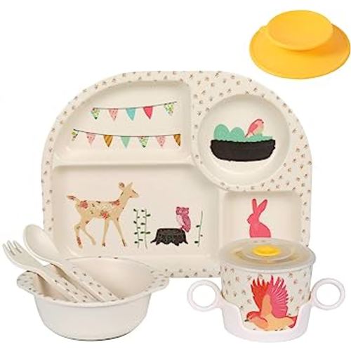 shopwithgreen 7Pcs/Set Bamboo Kids Dinnerware Set - Children Dishes - Food Plate Bowl Cup Spoon Fork Set Dishware, Cartoon Tableware, Dishwasher Safe Kids Healthy Mealtime, BPA Free