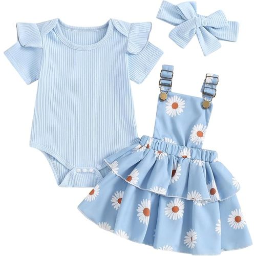 Mubineo Baby Girl Summer Clothes Cute Outfits Short Sleeve Romper Overall Skirt Dress Headband 3PCS Newborn Outfit - Blue Daisy - 12-18 Months