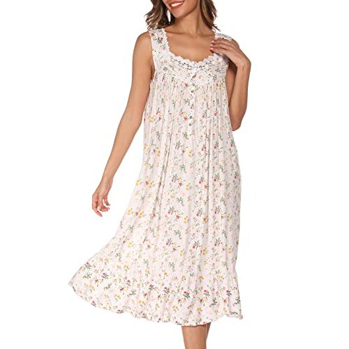 AVIIER Cotton Nightgowns for Women Sleeveless House Dress Ladies Long Nightdress with Pockets S-XXL