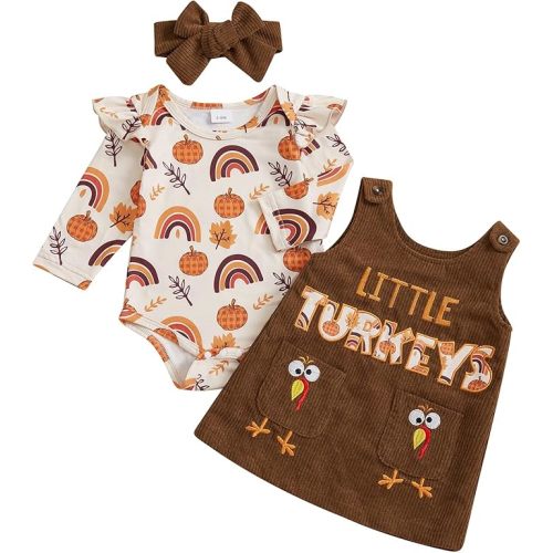 Adobabirl My First Halloween Baby Girl Outfit Pumpkin Ruffle Long Sleeve Romper Overall Dress Headband Cute Fall Clothes