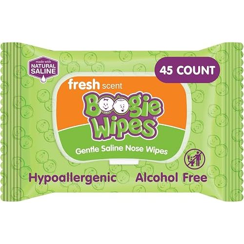 Boogie Wipes Gentle Saline Nose Wipes - 90 Count - Fresh Scent, Hypoallergenic & Alcohol-Free - Allergy Relief - Made with Natural Saline, Aloe, Chamomile & Vitamin E - Diaper Bag Essential